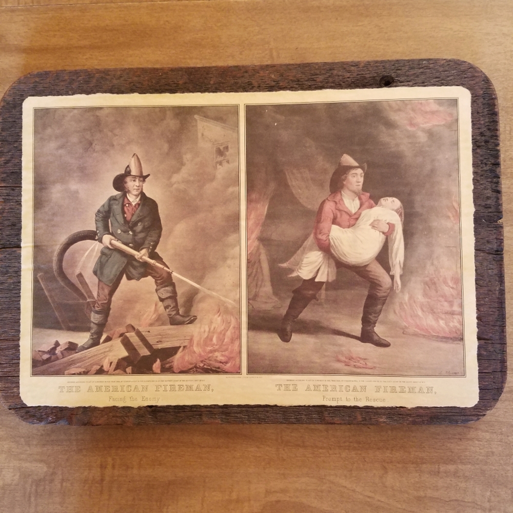 Vintage Currier & Ives 1858 Rustic Fireman Art Plaque